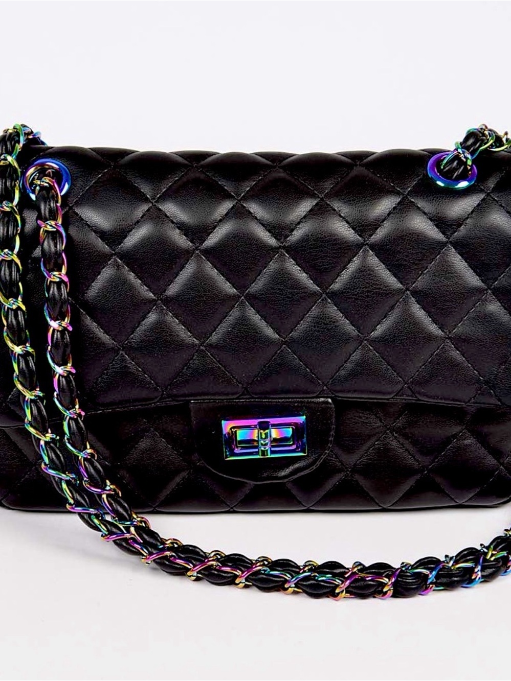 Black Quilted Shoulder Bag with Iridescent Chain